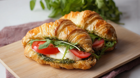 Zwei Caprese-Croissants auf einem Holzbrett.