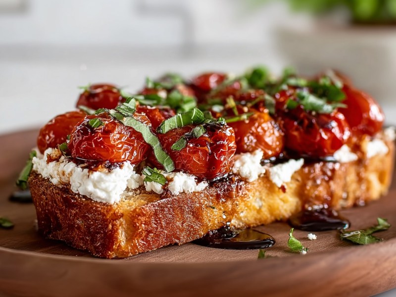 Ein Holzteller mit einem Caprese-Toast mit Hüttenkäse und gerösteten Tomaten. Das Ganze ist mit frischem Basilikum und Balsamico-Creme garniert. Im Hintergrund kann man verschwommen die restliche Küche erkennen.