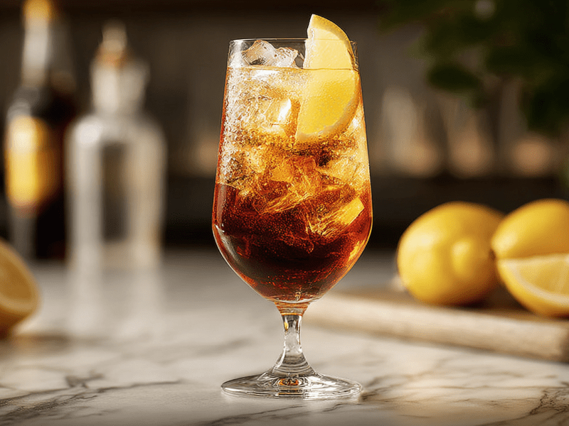 Ein Glas Cynar Spritz, garniert mit einer Zitronenscheibe.