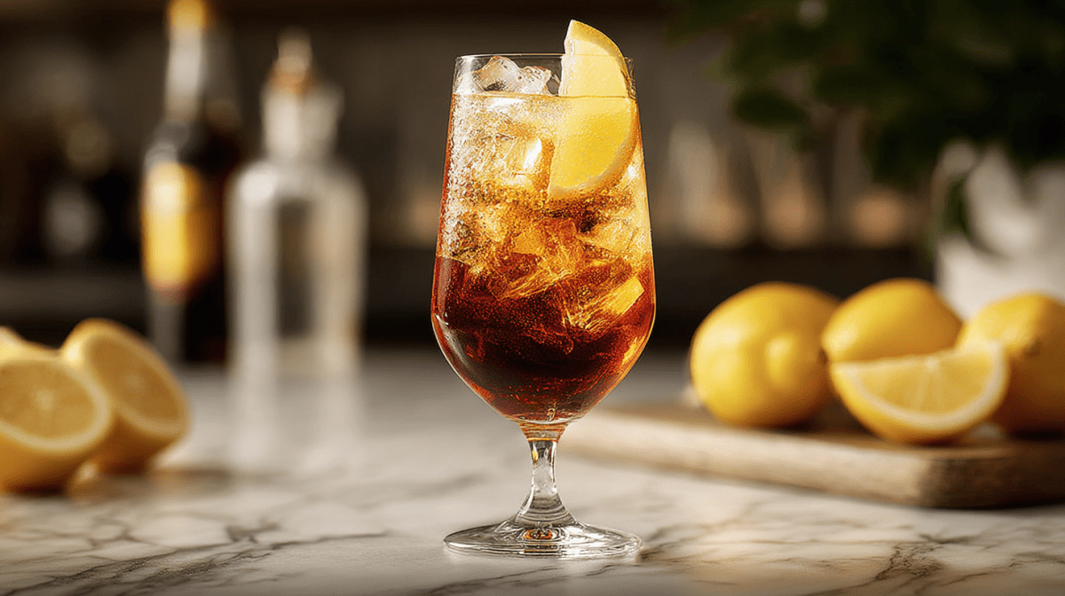 Ein Glas Cynar Spritz, garniert mit einer Zitronenscheibe.