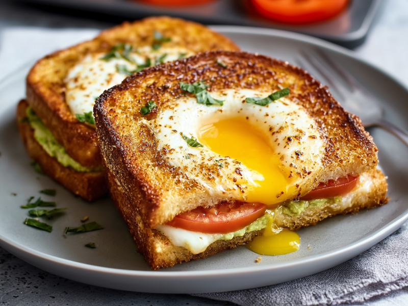 Zwei Egg in a hole-Toasts liegen auf einem grauen Teller. Eine Gabel liegt daneben.