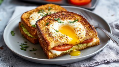 Zwei Egg in a hole-Toasts liegen auf einem grauen Teller. Eine Gabel liegt daneben.