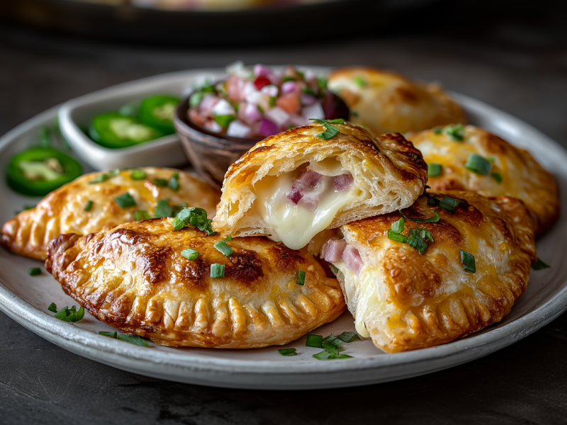 Sechs Empanadas mit Schinken-Käse-Füllung liegen auf einem grauen Teller. Auf dem Teller stehen zwei Schalen mit Jalapeños und Zwiebeln.