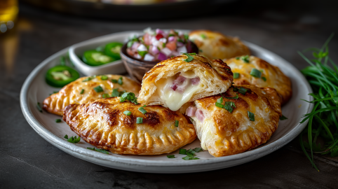 Sechs Empanadas mit Schinken-Käse-Füllung liegen auf einem grauen Teller. Auf dem Teller stehen zwei Schalen mit Jalapeños und Zwiebeln.
