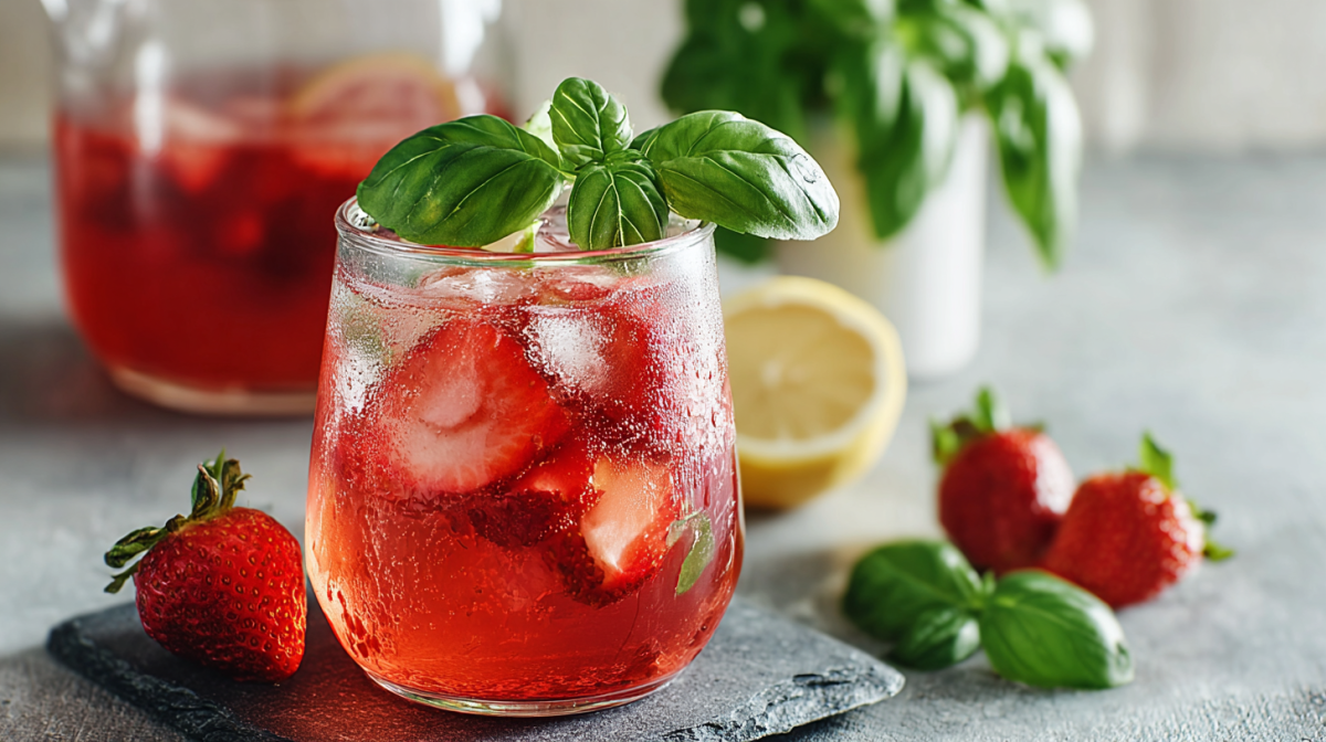 Ein Glas Erdbeer-Basilikum-Limonade mit Eiswürfeln.