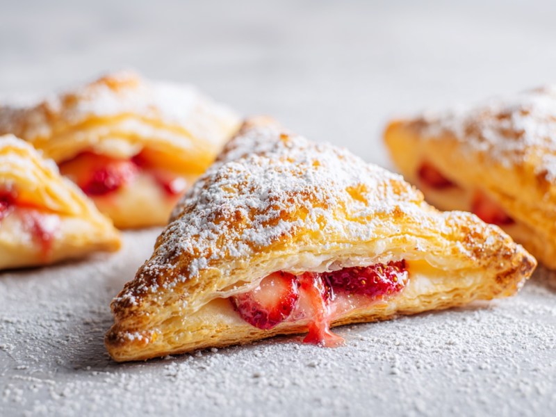 Ein paar Erdbeer-Blätterteigtaschen mit Vanille-Creme, die mit Puderzucker bestäubt sind. Auf der Arbeitsfläche liegt auch Puderzucker verstreut.