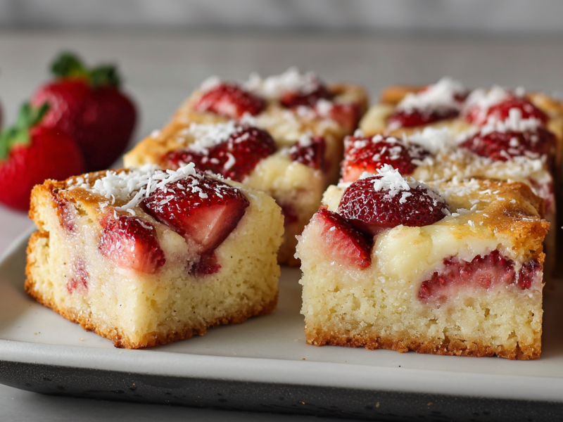 Mehrere Erdbeer-Brownies liegen angerichtet auf einer Keramikplatte. Links neben der Platte liegen frische Erdbeeren. Die Blondies sind mit Kokosraspel überstreut.