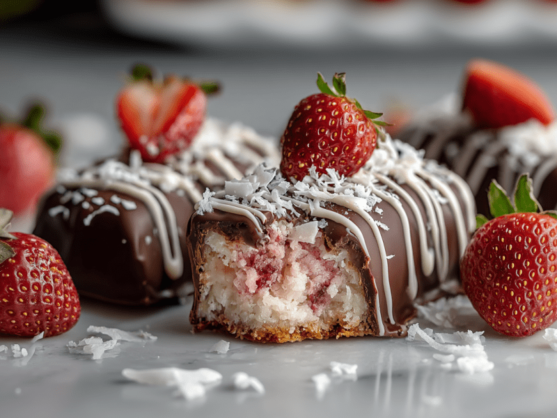 Drei Erdbeer-Bounty liegen auf eine glatten Oberfläche. Eins ist angeschnitten und gibt den Blick auf die Kokos-Erdbeer-Füllung frei. Die Riegel sind mit Erdbeeren und Kokosraspel verziert.