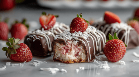 Drei Erdbeer-Bounty liegen auf eine glatten Oberfläche. Eins ist angeschnitten und gibt den Blick auf die Kokos-Erdbeer-Füllung frei. Die Riegel sind mit Erdbeeren und Kokosraspel verziert.