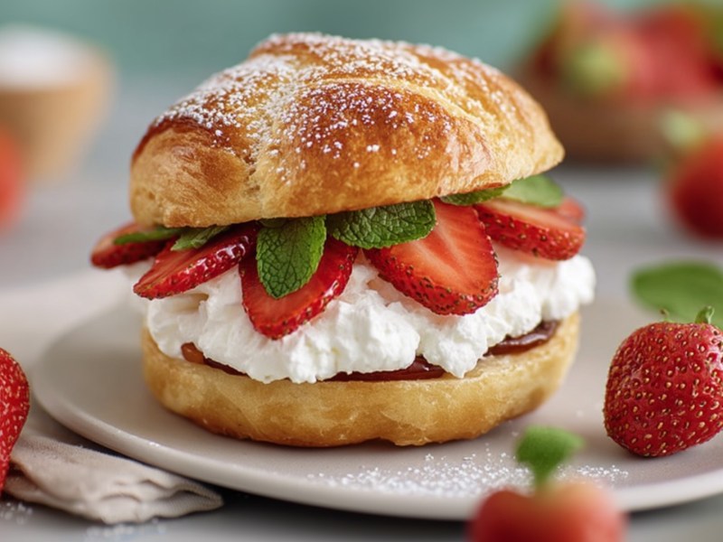 Ein süßer Erdbeer-Burger auf einem Teller. Drumherum liege frische Erdbeeren.