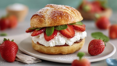 Ein süßer Erdbeer-Burger auf einem Teller. Drumherum liege frische Erdbeeren.