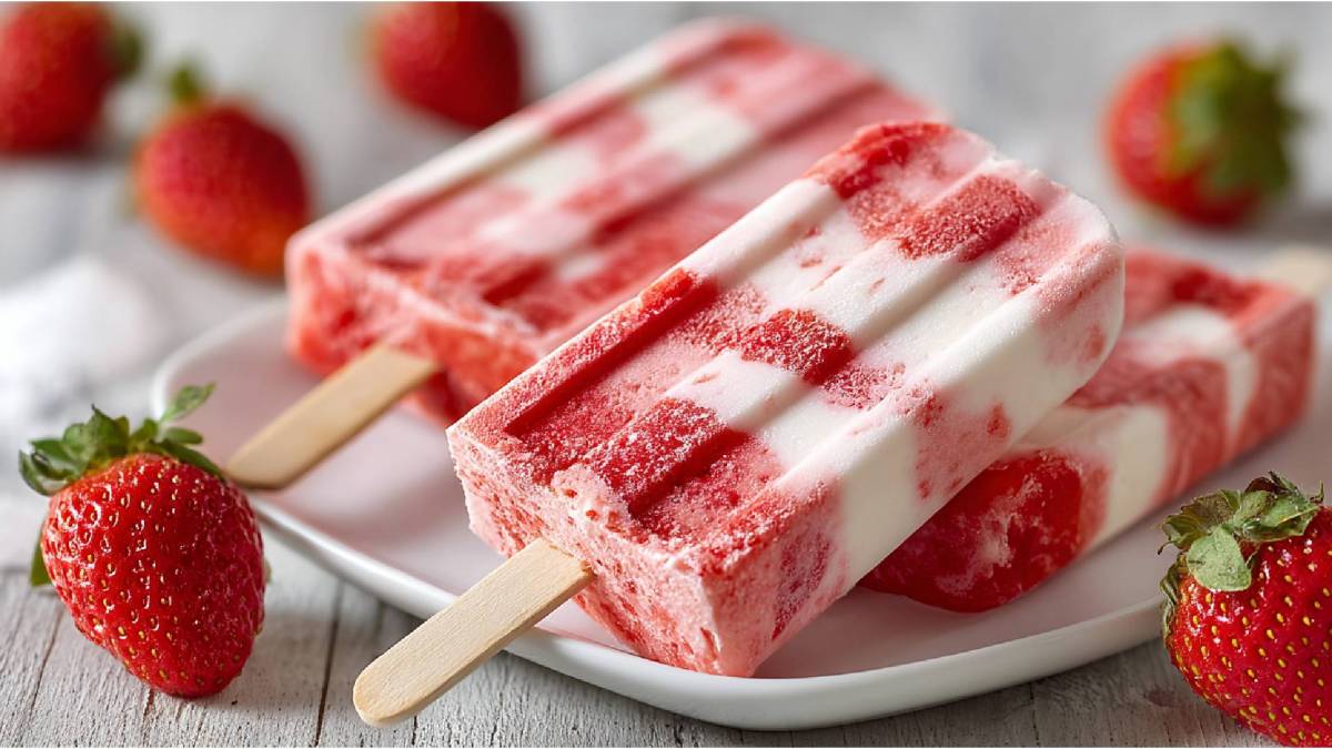 Erdbeer-Buttermilch-Eis am Stiel auf einem Teller