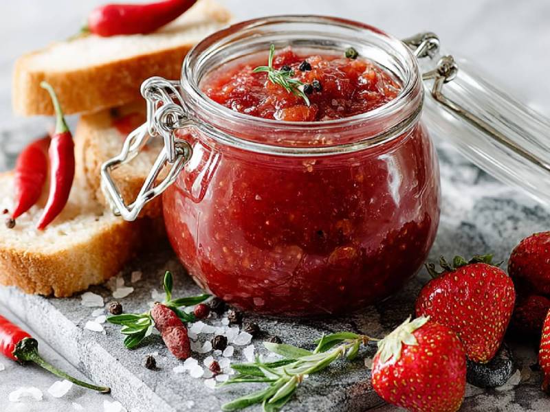 Glas mit Erdbeer-Chutney auf einem Tisch