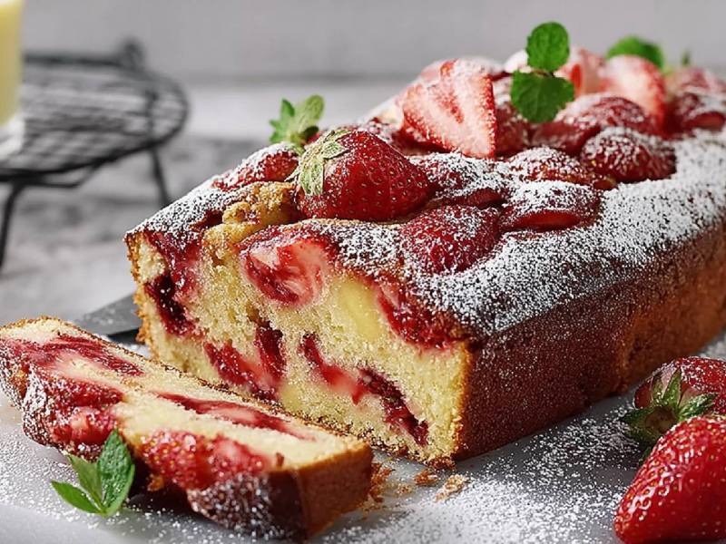 angeschnittener Erdbeer-Eierlikör-Kuchen auf einem Tisch