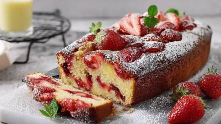 angeschnittener Erdbeer-Eierlikör-Kuchen auf einem Tisch