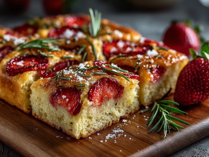 Ein Holzbrett mit einem in Stücke geschnittenen Erdbeer-Focaccia. Ringsum liegen frischer Rosmarin und Erdbeeren verteilt.