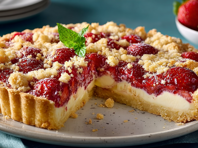 Erdbeer-Frischkäse-Tarte mit Streuseln auf einem Kuchenteller, zwei Stücke wurden bereits entnommen.