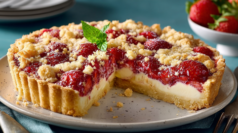 Erdbeer-Frischkäse-Tarte mit Streuseln auf einem Kuchenteller, zwei Stücke wurden bereits entnommen.
