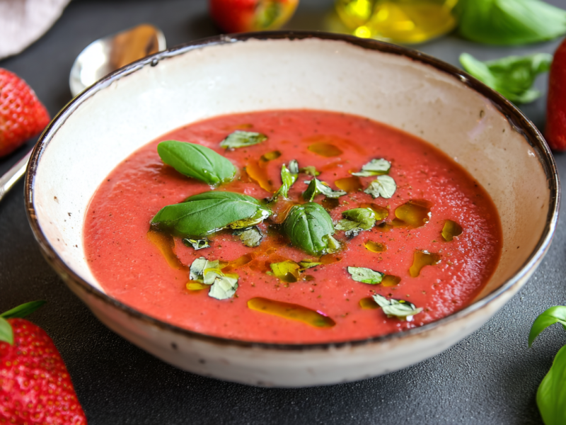 Eine Schale Erdbeer-Gazpacho, garniert mit Olivenöl und Basilikum.