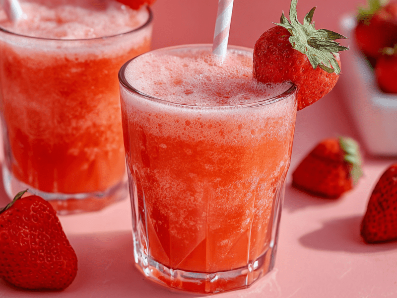Zwei Gläser mit Erdbeer-Gin-Fizz und Strohhalm. Einzelne Erdbeeren liegen als Dekoration außen herum.
