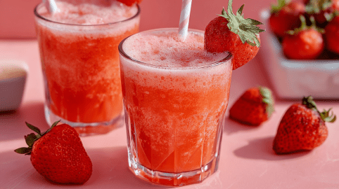 Zwei Gläser mit Erdbeer-Gin-Fizz und Strohhalm. Einzelne Erdbeeren liegen als Dekoration außen herum.