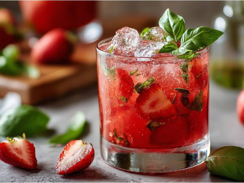 Ein Glas mit Erdbeer Gin Smash