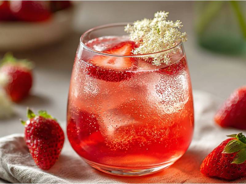 Glas mit Erdbeer-Holunder-Spritz, Erdbeeren daneben