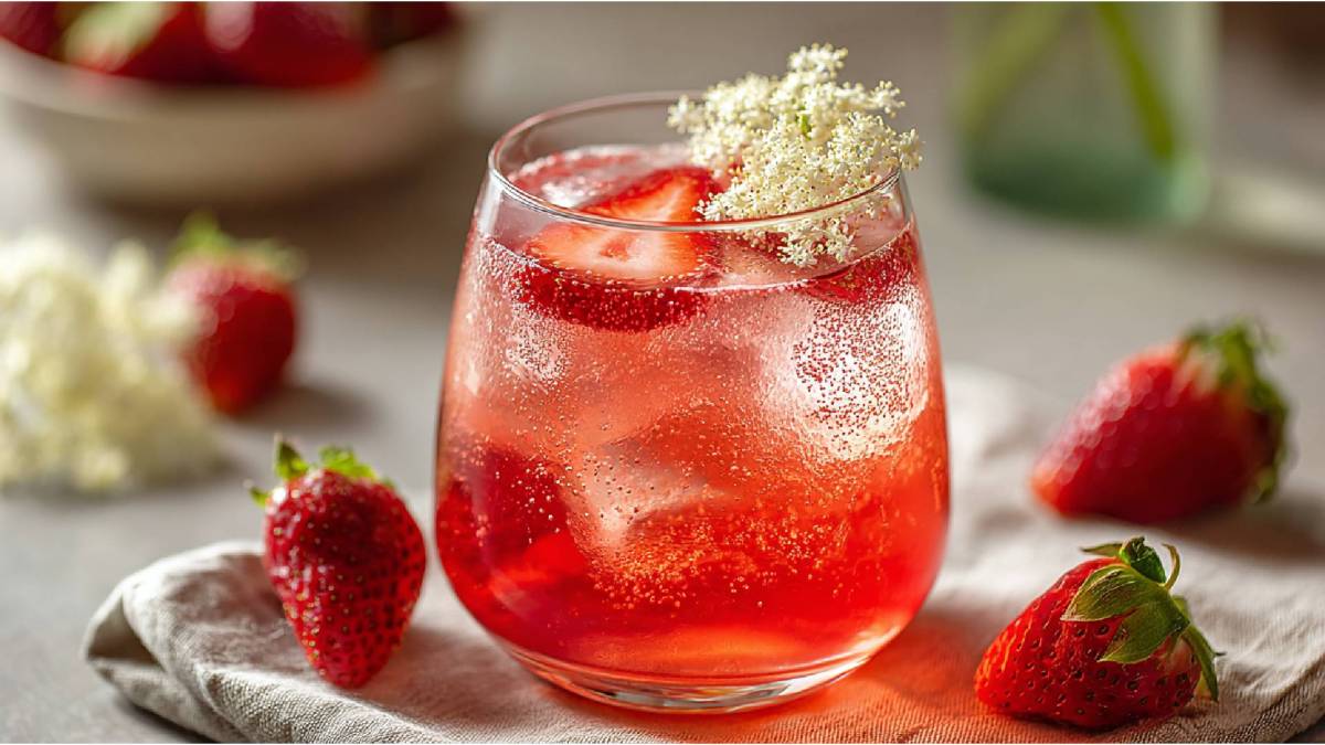 Glas mit Erdbeer-Holunder-Spritz, Erdbeeren daneben