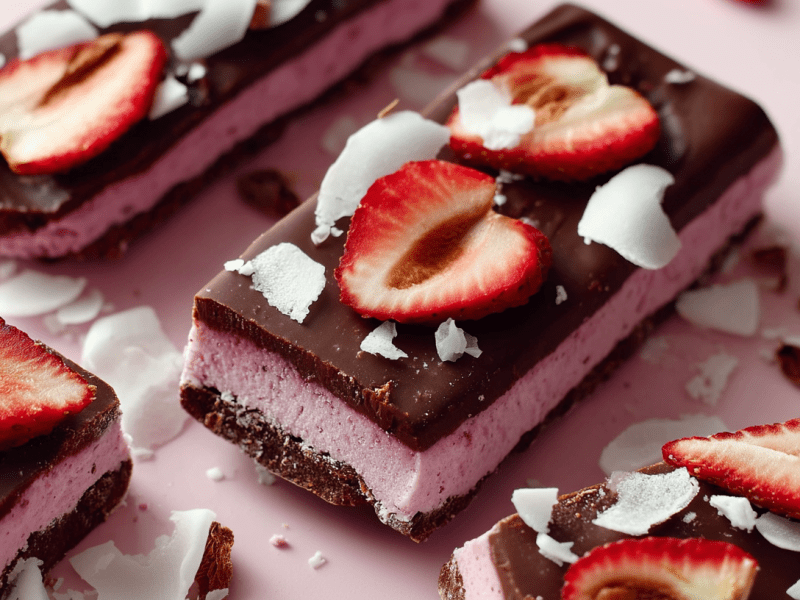 Mehrere Erdbeer-Kokos-Riegel liegen nebeneinander, dekoriert mit Erdbeerscheiben und Kokosflocken.