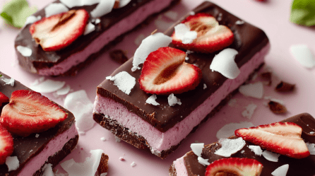 Mehrere Erdbeer-Kokos-Riegel liegen nebeneinander, dekoriert mit Erdbeerscheiben und Kokosflocken.