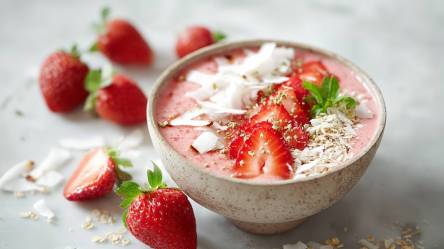 Erdbeer-Kokos-Smoothie-Bowl auf einem Tisch, Erdbeeren daneben