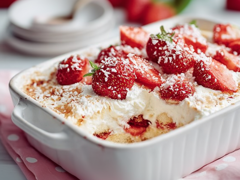 Erdbeer-Kokos-Tiramisu, serviert in einer Auflaufform. Ei n Stück ist schon entnommen.