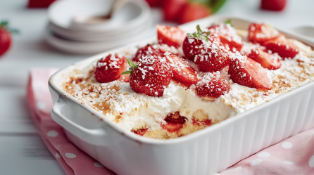 Erdbeer-Kokos-Tiramisu, serviert in einer Auflaufform. Ei n Stück ist schon entnommen.