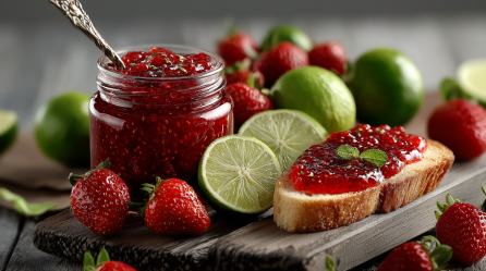 Ein Glas mit Erdbeer-Limetten-Marmelade. Es ist umgeben von frischen Erdbeeren und Limetten. Davor liegt ein Brot, das mit der Marmelade bestrichen ist.
