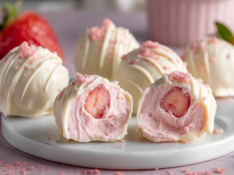 Eine kleiner Teller mit einigen Erdbeer-Pralinen. Zwei sind halbiert, sodass das Innenleben zu sehen ist. In der Mitte ist ein Stück Erdbeere, das von Erdbeer-Ganache umhüllt und schließlich mit einer Hülle aus weißer Schokolade überzogen ist. Im Hintergrund kann man frische Erdbeeren entdecken sowie rosa Brösel.