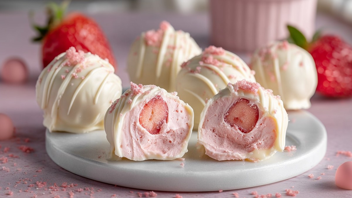 Eine kleiner Teller mit einigen Erdbeer-Pralinen. Zwei sind halbiert, sodass das Innenleben zu sehen ist. In der Mitte ist ein Stück Erdbeere, das von Erdbeer-Ganache umhüllt und schließlich mit einer Hülle aus weißer Schokolade überzogen ist. Im Hintergrund kann man frische Erdbeeren entdecken sowie rosa Brösel.