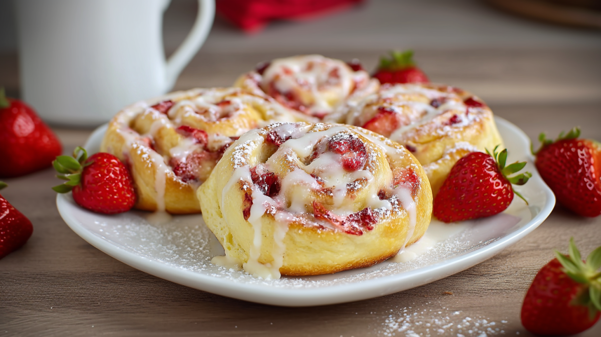 Vier Erdbeer-Puddingschnecken liegen auf einem weißen Teller. Sie sind mit Zuckerguss-Creme übergossen und von frischen Erdbeeren umringt. Im Hintergrund steht eine Tasse.