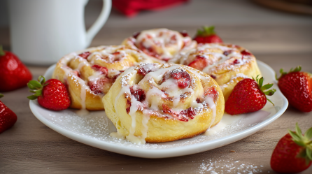 Vier Erdbeer-Puddingschnecken liegen auf einem weißen Teller. Sie sind mit Zuckerguss-Creme übergossen und von frischen Erdbeeren umringt. Im Hintergrund steht eine Tasse.