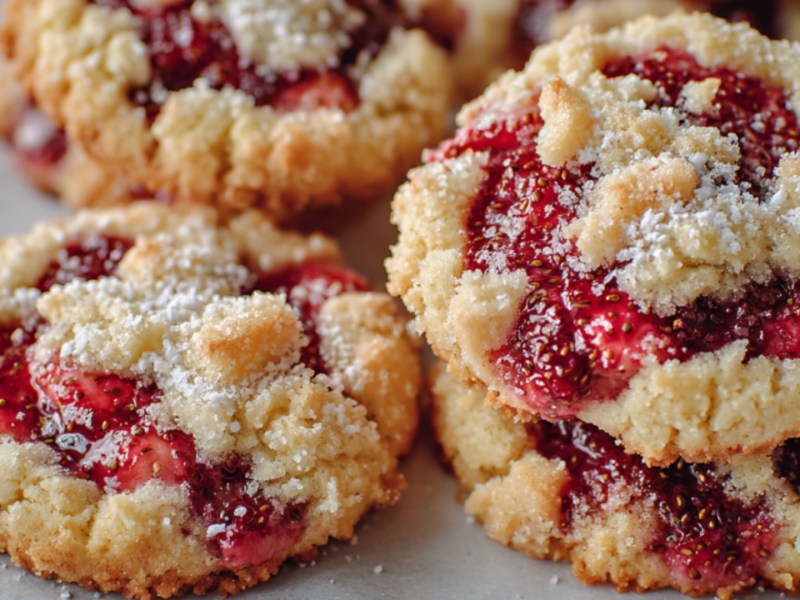 Mehrere Erdbeer-Streusel-Cookies in der Draufsicht.