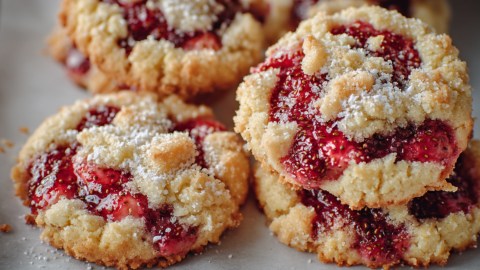 Mehrere Erdbeer-Streusel-Cookies in der Draufsicht.