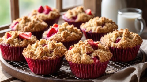 Mehrere Erdbeer-Streusel-Muffins auf einem Teller.