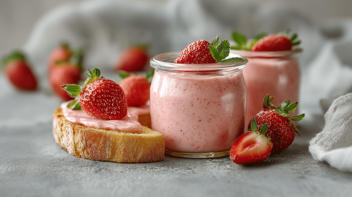 Zwei Gläser Erdbeercurd auf grauem Untergrund. Daneben liegt ein Brot mit dem Aufstrich. Auf den Gläsern, auf dem Brot und drumherum liegen Erdbeeren verteilt.