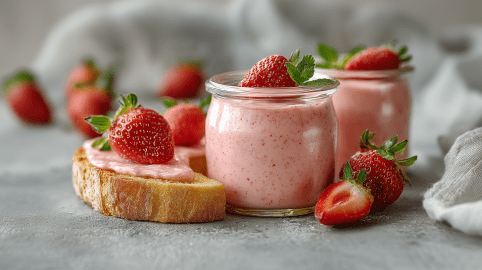 Zwei Gläser Erdbeercurd auf grauem Untergrund. Daneben liegt ein Brot mit dem Aufstrich. Auf den Gläsern, auf dem Brot und drumherum liegen Erdbeeren verteilt.