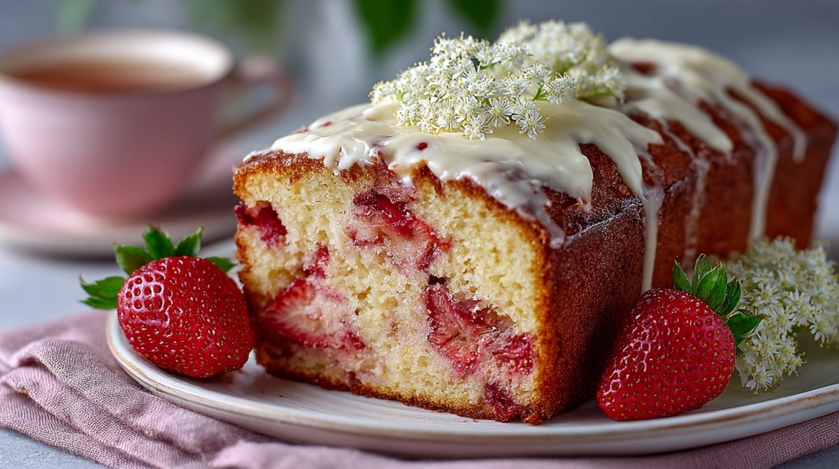 Ein angeschnittener Erdbeerkuchen mit Holunder, verziert mit Zuckerguss, auf einem Teller. Daneben frische Erdbeeren und Holunderblüten.