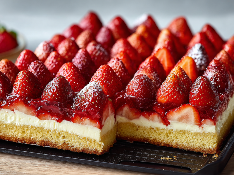 Erdbeerkuchen mit Vanillepudding vom Blech.