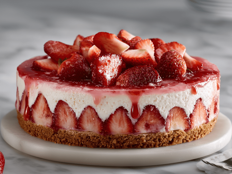 Eine Erdbeertorte ohne Backen auf einem Marmoruntersetzer. Drumherum liegen einige Erdbeeren verteilt. Rechts neben der Torte liegt eine Gabel.