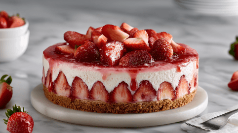 Eine Erdbeertorte ohne Backen auf einem Marmoruntersetzer. Drumherum liegen einige Erdbeeren verteilt. Rechts neben der Torte liegt eine Gabel.