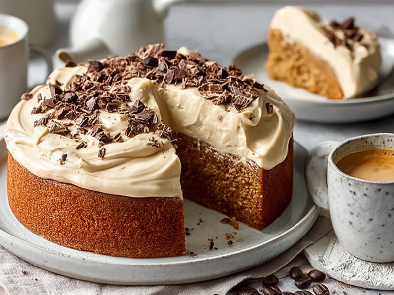 Ein Teller mit einem runden, angeschnittenen Espresso-Joghurt-Kuchen, der mit ein bisschen gehackter Zartbitterschokolade bestreut ist. Daneben steht ein Becher mit Kaffee. Im Hintergrund kann man ein Stück Kuchen auf einem Teller sowie einen weiteren Kaffeebecher erkennen.