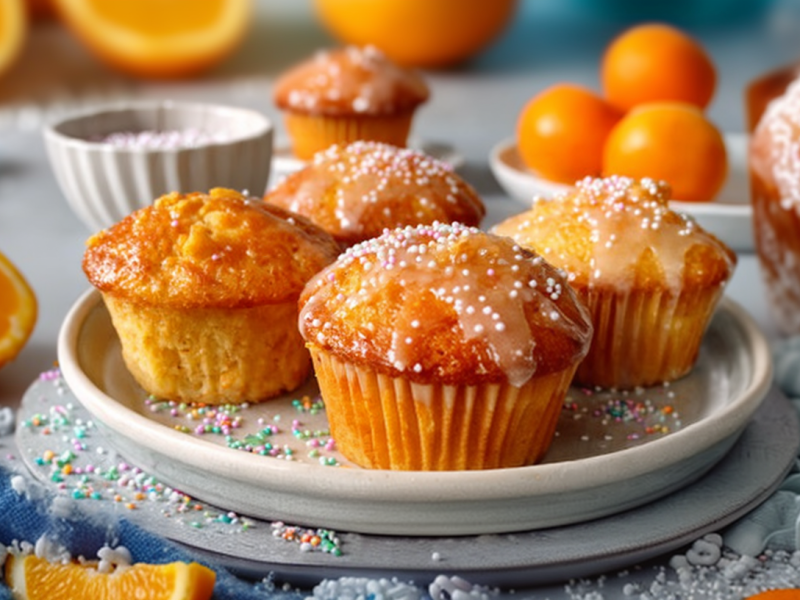 Ein Teller mit Fanta-Muffins mit Guss und bunten Streuseln. Im Hintergrund liegen aufgeschnittene Orangenhälften.