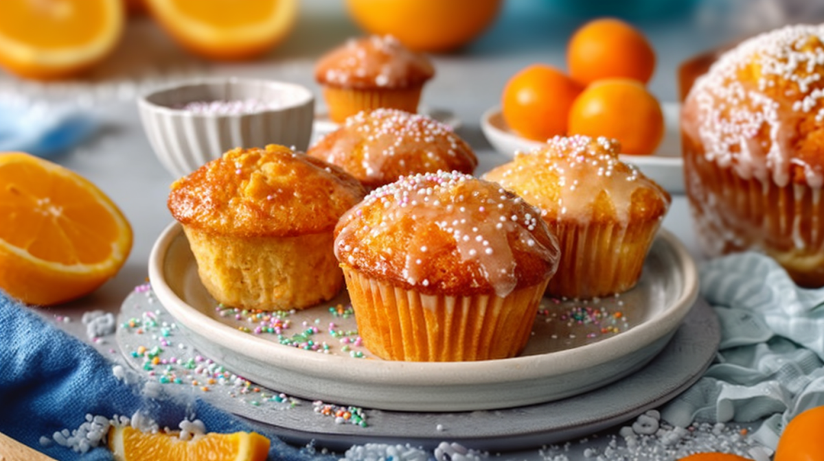 Ein Teller mit Fanta-Muffins mit Guss und bunten Streuseln. Im Hintergrund liegen aufgeschnittene Orangenhälften.